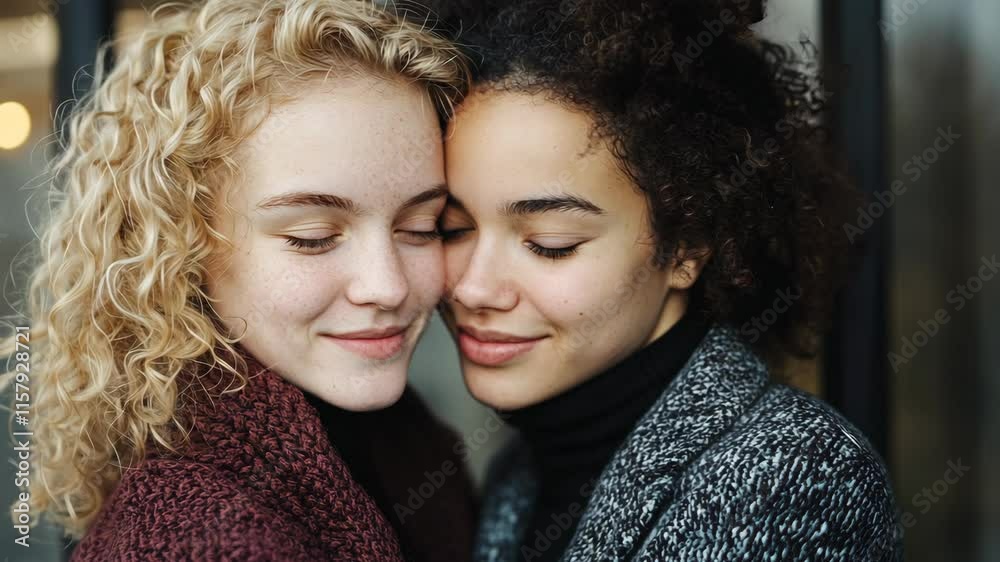 Two friends embracing warmly, sharing a joyful moment outdoors in a cozy setting during the day Two friends embracing warmly, sharing a joyful moment outdoors in a cozy setting during the day