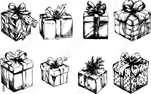 Hand-drawn sketch of various wrapped gifts with ribbons and bows.