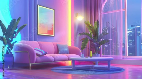 Modern cozy room with a comfortable sofa and glowing neon lights at night
Seamless looping 4k time-lapse virtual video animation Generated AI