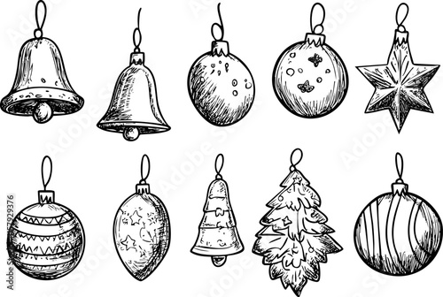 Hand-drawn Christmas ornaments including bells and baubles on white background.