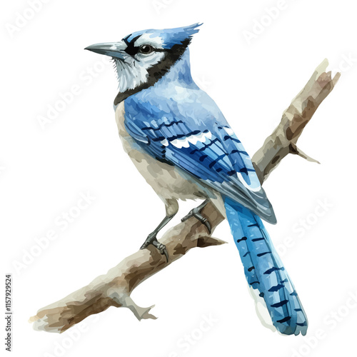 A watercolor vector painting of blue jay hopping on a tree branch, isolated on a white background. Blue jay vector.

