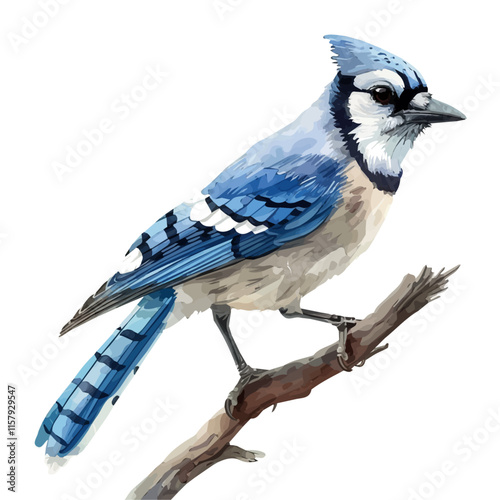 A watercolor vector painting of blue jay hopping on a tree branch, isolated on a white background. Blue jay vector.

