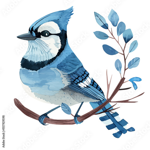 A watercolor vector painting of blue jay collecting twigs for a nest, isolated on a white background. Blue jay vector.

