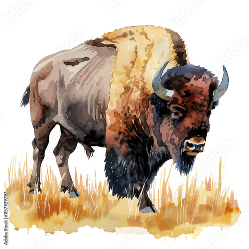 A watercolor vector painting of bison roaming through the prairie, isolated on a white background. Bison vector.


