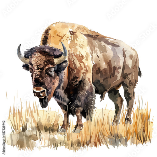 A watercolor vector painting of bison roaming through the prairie, isolated on a white background. Bison vector.


