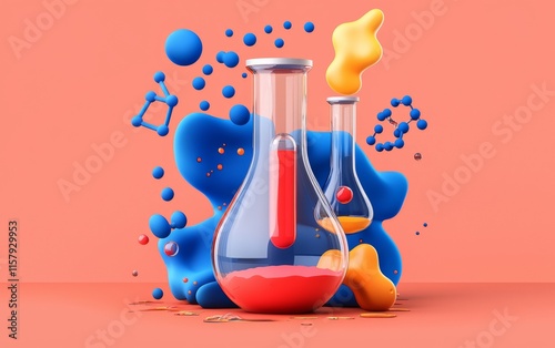 Colorful laboratory glassware with vibrant liquids and abstract shapes on a coral background photo