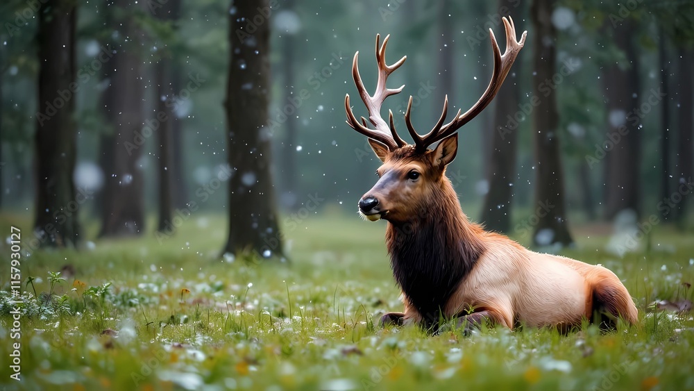 A Tranquil Deer Lays in the Snow, Reflecting the Serene Beauty of Winter Woodland A Tranquil Deer Lays in the Snow, Reflecting the Serene Beauty of Winter Woodland