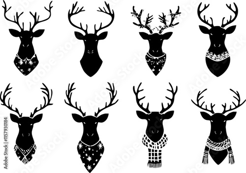Silhouettes of decorative reindeer heads with antlers and patterns.