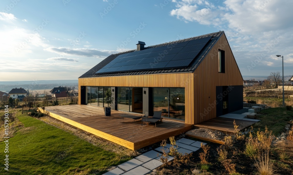 Solar panels on the rooftop, alternative electricity. Modern eco-friendly passive house with landscaped yard. Modern passive house with solar panels. Solar panels on the rooftop, alternative electricity. Modern eco-friendly passive house with landscaped yard. Modern passive house with solar panels.