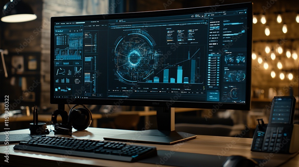 Modern workspace with large monitor displaying data analytics. Modern workspace with large monitor displaying data analytics.