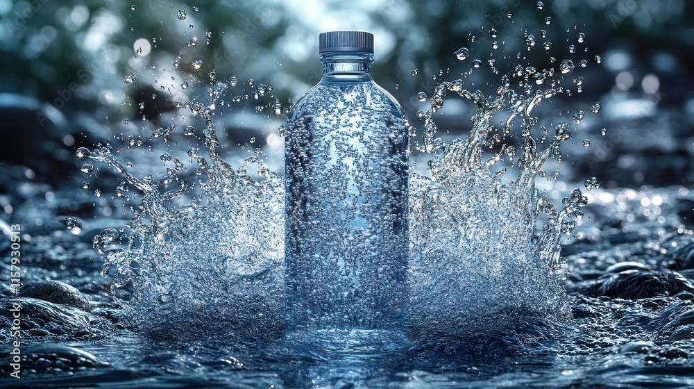 A water bottle surrounded by splashing water, emphasizing hydration and freshness. A water bottle surrounded by splashing water, emphasizing hydration and freshness.