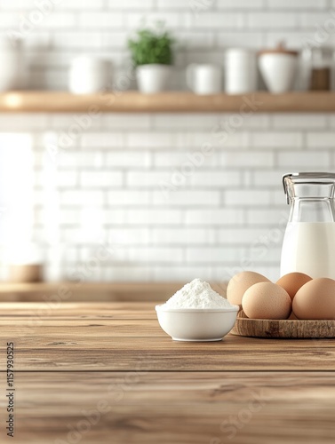 Fresh ingredients arranged on a wooden kitchen counter for baking preparation with copy space available. Generative AI