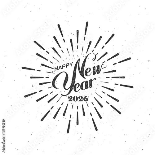 Happy 2026 New Year. Holiday Vector Illustration With Lettering Composition And Bursting Fireworks shape.