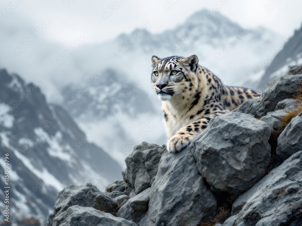 Obraz premium Majestic Snow Leopard on Rocky Mountain Peak