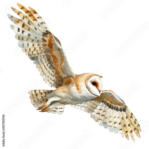 A watercolor vector painting of barn owl flying at dusk, isolated on a white background. Barn owl vector.

