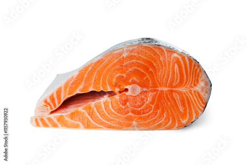 Fresh raw salmon or trout steak isolated on white, transparent background. Sliced fish meat fillet close up, seafood, heathy vegetarian food, cooking ingredient