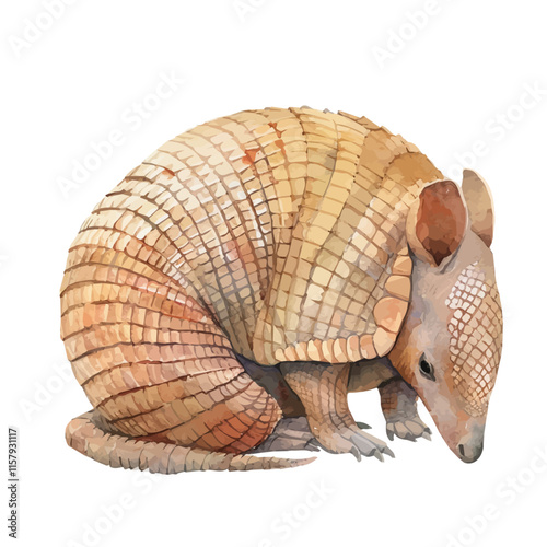A watercolor vector painting of armadillo rolling into a ball, isolated on a white background. Armadillo vector.

