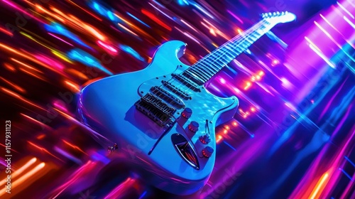 Electric guitar in vibrant neon light streaks. (1)