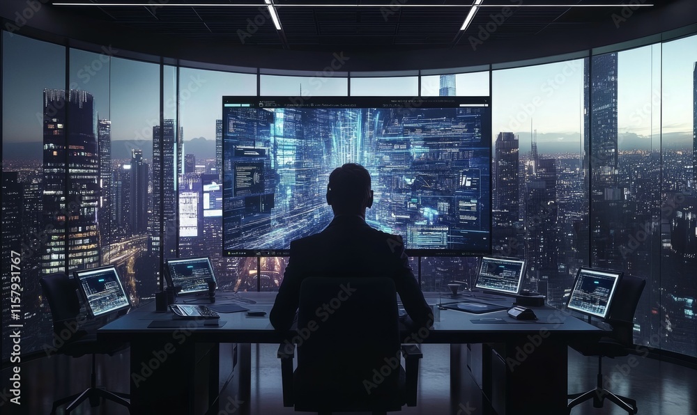 Team leader hosting a presentation in a minimalist boardroom, panoramic view of the city skyline, futuristic monitors highlighting key points, Team leader hosting a presentation in a minimalist boardroom, panoramic view of the city skyline, futuristic monitors highlighting key points,
