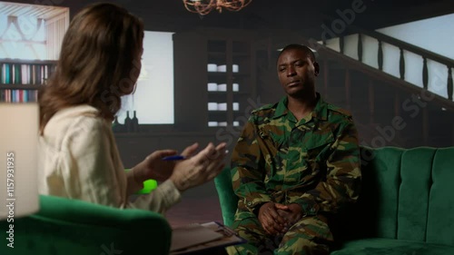 Psychotherapy session for an armed forces veteran in distress and grief, showcasing therapy for PTSD, trauma and reintegration after combat. Soldier dealing with war flashbacks. Camera A.