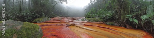 Stunning Cano Cristales River in Colombia: Vibrant Red and Yellow Colors Amidst Lush Greenery in the Unique Sierra de la Macarena Tropical Forest Landscape photo