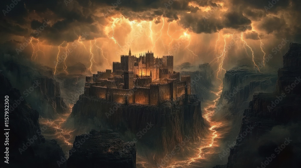 Fototapeta premium Stormy night over a majestic castle on a cliff.
