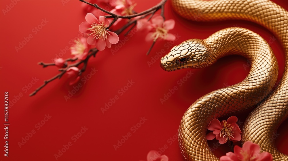 Generative AI of Golden Snake with Cherry Blossom Detail for Lunar Festival Greetings, Asian Holiday Marketing, and Cultural Celebration Design