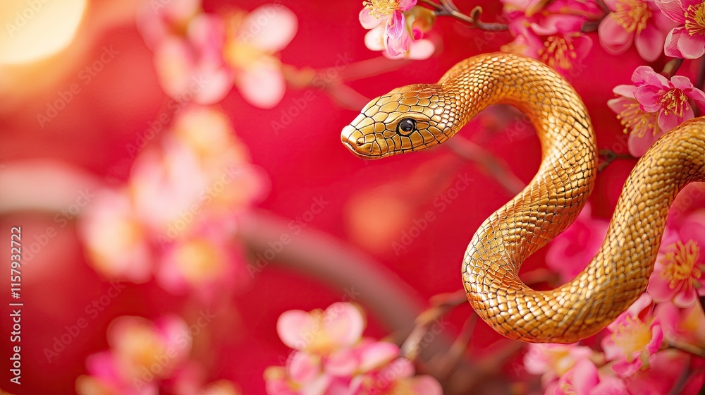 Generative AI of Snake Among Blooming Cherry Blossoms for Asian New Year Celebrations, Seasonal Festival Imagery, and Cultural Content Creation