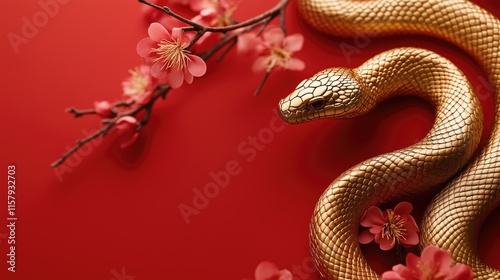 Obraz na płótnie Generative AI of Golden Snake with Cherry Blossom Detail for Lunar Festival Greetings, Asian Holiday Marketing, and Cultural Celebration Design w salonie