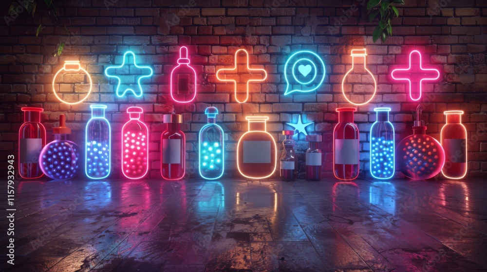Fototapeta premium Arrange a neon showcase of preventive health symbols, featuring shining