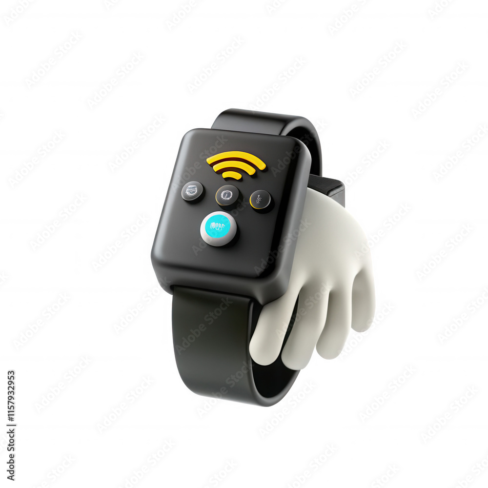 This image shows a modern black smartwatch featuring Wi-Fi symbols and buttons. It is showcased with a hand holding it up against a plain background. This image shows a modern black smartwatch featuring Wi-Fi symbols and buttons. It is showcased with a hand holding it up against a plain background.