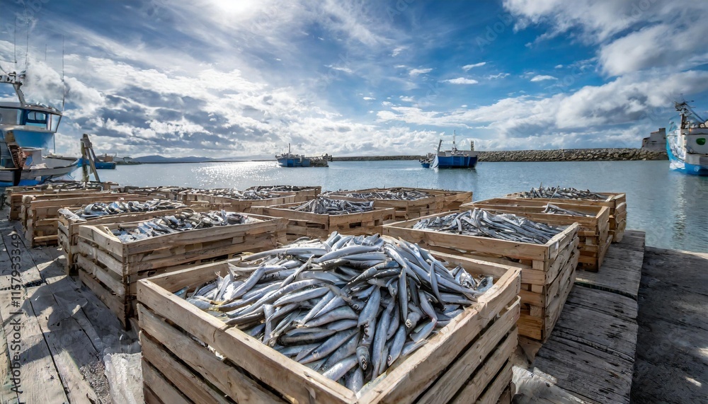 Silver Anchovies Arranged Neatly in Wooden Baskets at a Coastal Fishing Dock Silver Anchovies Arranged Neatly in Wooden Baskets at a Coastal Fishing Dock