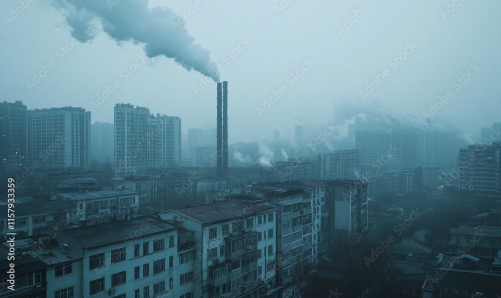 The industrial area features a factory that expels thick smoke from its towering chimneys, filling the city's sky with heavy smog. The industrial area features a factory that expels thick smoke from its towering chimneys, filling the city's sky with heavy smog.