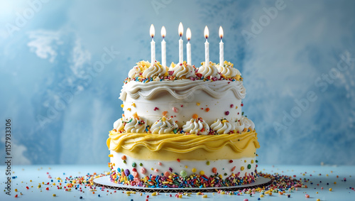 Delicious yellow birthday cake with lit candles on a frosty winter background. Ideal for celebrations and festive seasonal themes. Generative AI