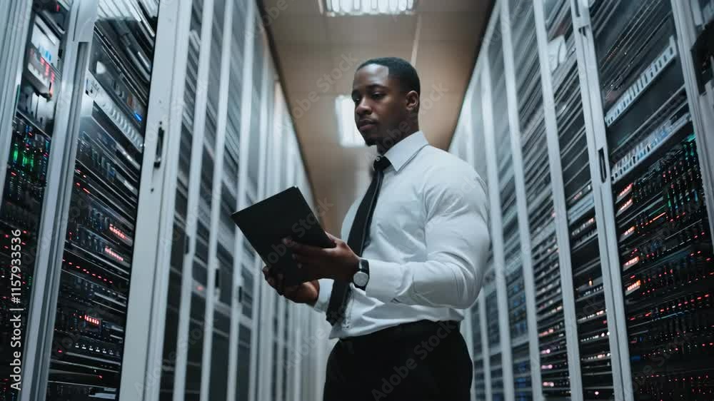 Black IT Technician in Server Rack Corridor with Laptop in Data Center Black IT Technician in Server Rack Corridor with Laptop in Data Center