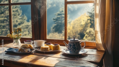 Wallpaper Mural Sunny morning tea with pastries by a scenic window. Torontodigital.ca