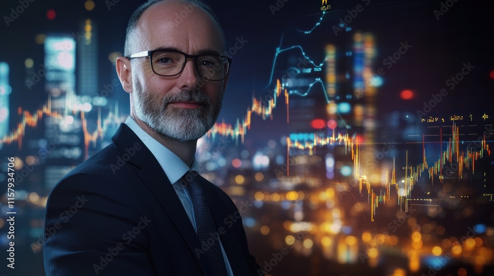 Fototapeta premium Confident businessman against city lights and stock market graphs.