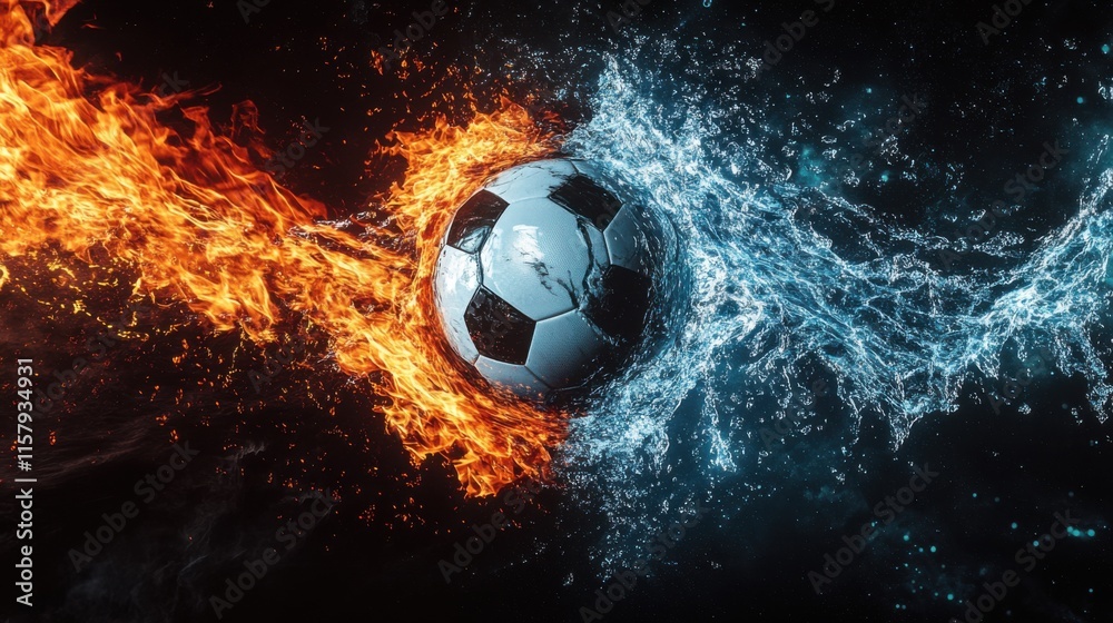 Naklejka premium Fiery Soccer Ball engulfed in Flames and Water: A Dramatic Contrast of Elements