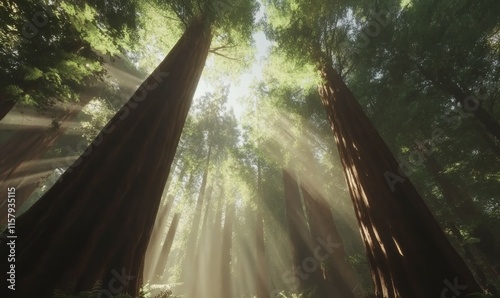 Towering redwood trees creating a cathedral-like canopy, sunlight filtering softly through. photo