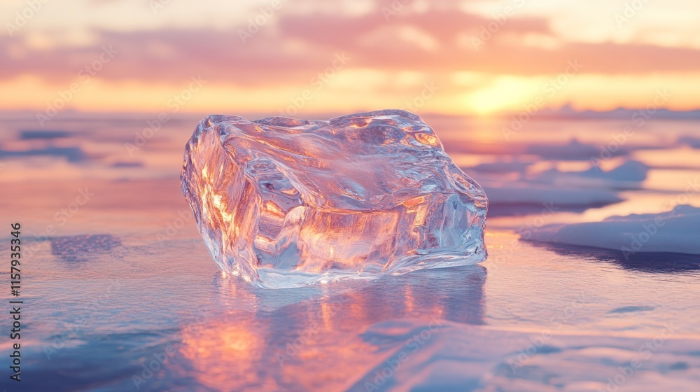 Obraz premium Clear ice cube on frozen lake at sunset.