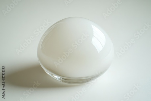 A smooth, opaque white glass orb rests on a light surface, reflecting light subtly.