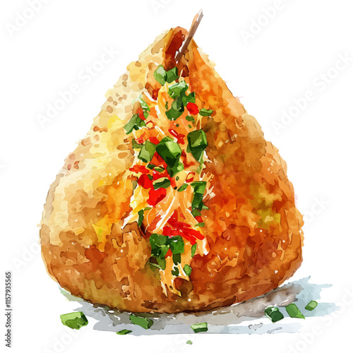 A watercolor vector painting of Brazilian coxinha with shredded chicken, isolated on a white background. Brazilian coxinha vector.

