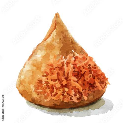 A watercolor vector painting of Brazilian coxinha with shredded chicken, isolated on a white background. Brazilian coxinha vector.

