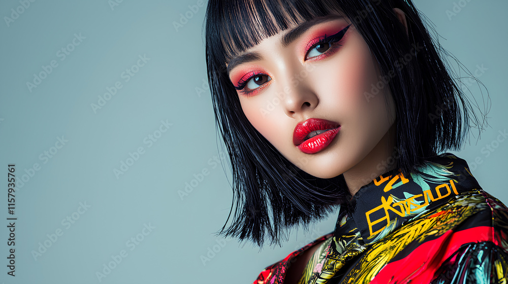 Woman with red lipstick and black hair poses for a photo Woman with red lipstick and black hair poses for a photo