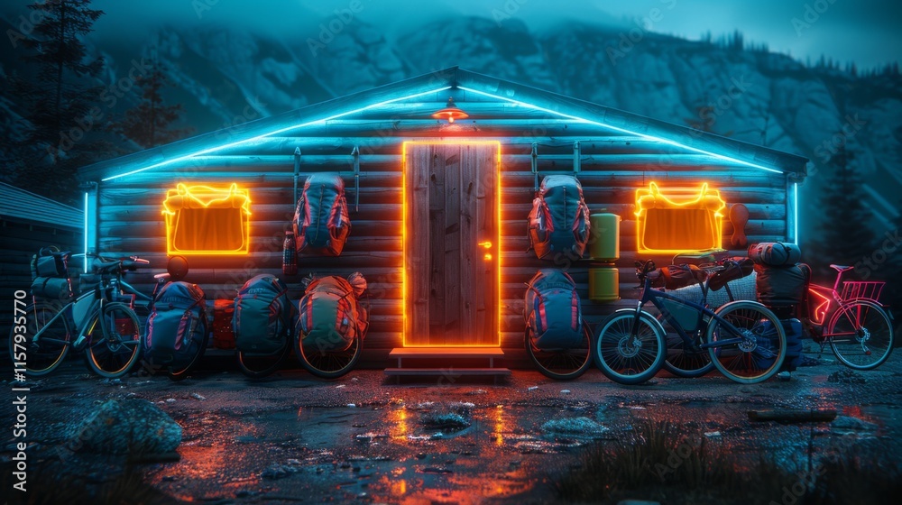 Εκτύπωση καμβά Arrange a neon showcase of outdoor object symbols, including illuminated