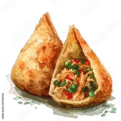 A watercolor vector painting of Brazilian coxinha with shredded chicken, isolated on a white background. Brazilian coxinha vector.

