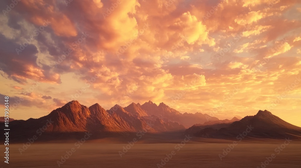 Naklejka premium Fiery sunset over a vast desert landscape and majestic mountains.