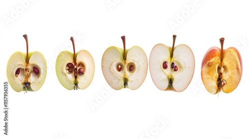 Five apple halves showing stages of browning.