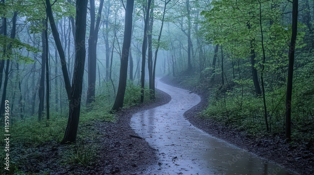 Obraz premium Winding path through misty forest after rain.