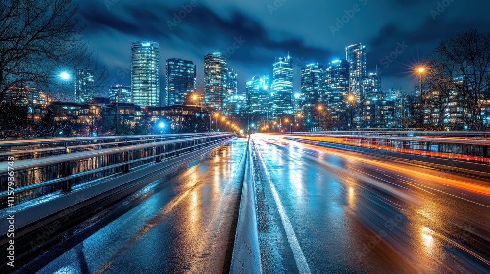 Fototapeta premium Night city skyline, traffic light trails on wet road.